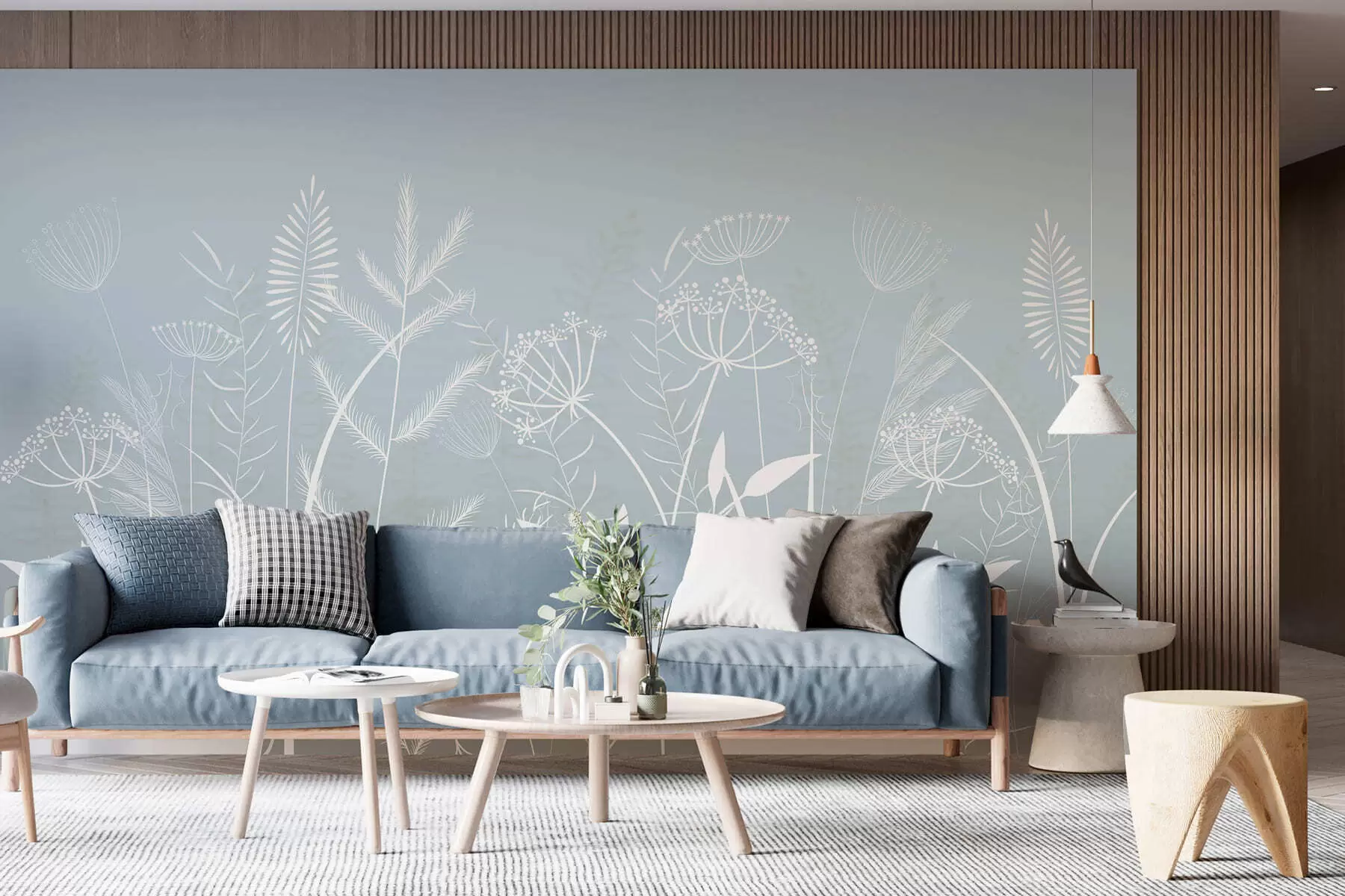 wall murals delicate hand-painted wild grasses and flowers against a grey-blue background w05383
