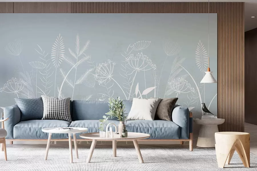 wall murals delicate hand-painted wild grasses and flowers against a grey-blue background w05383