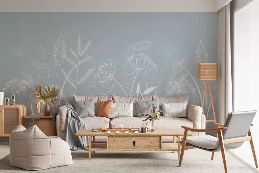 wall murals delicate hand-painted wild grasses and flowers against a grey-blue background w05383