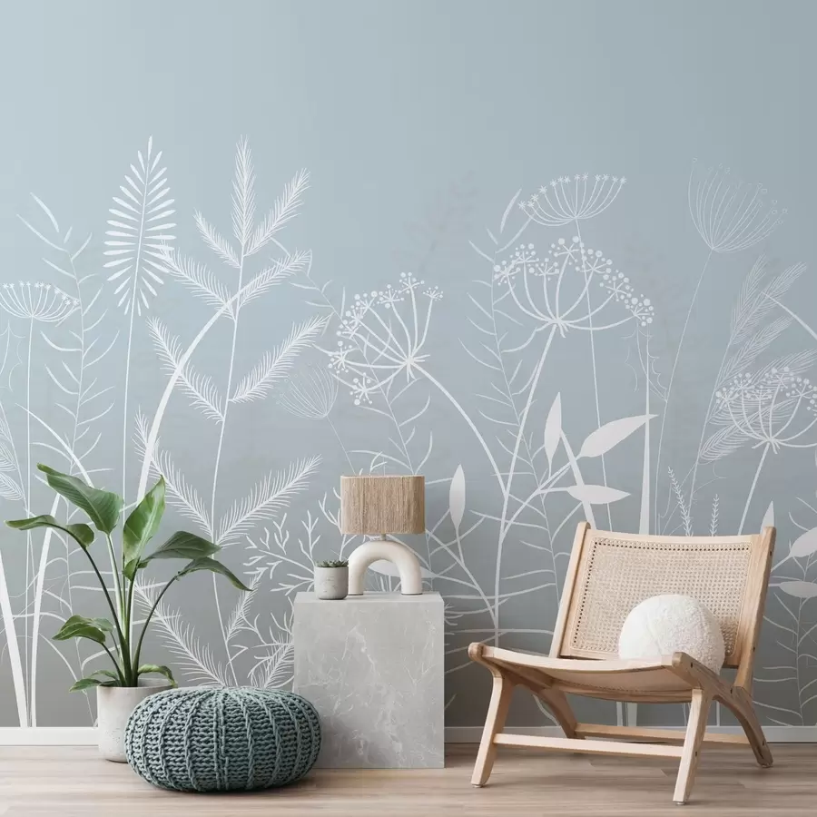 wall murals delicate hand-painted wild grasses and flowers against a grey-blue background w05383