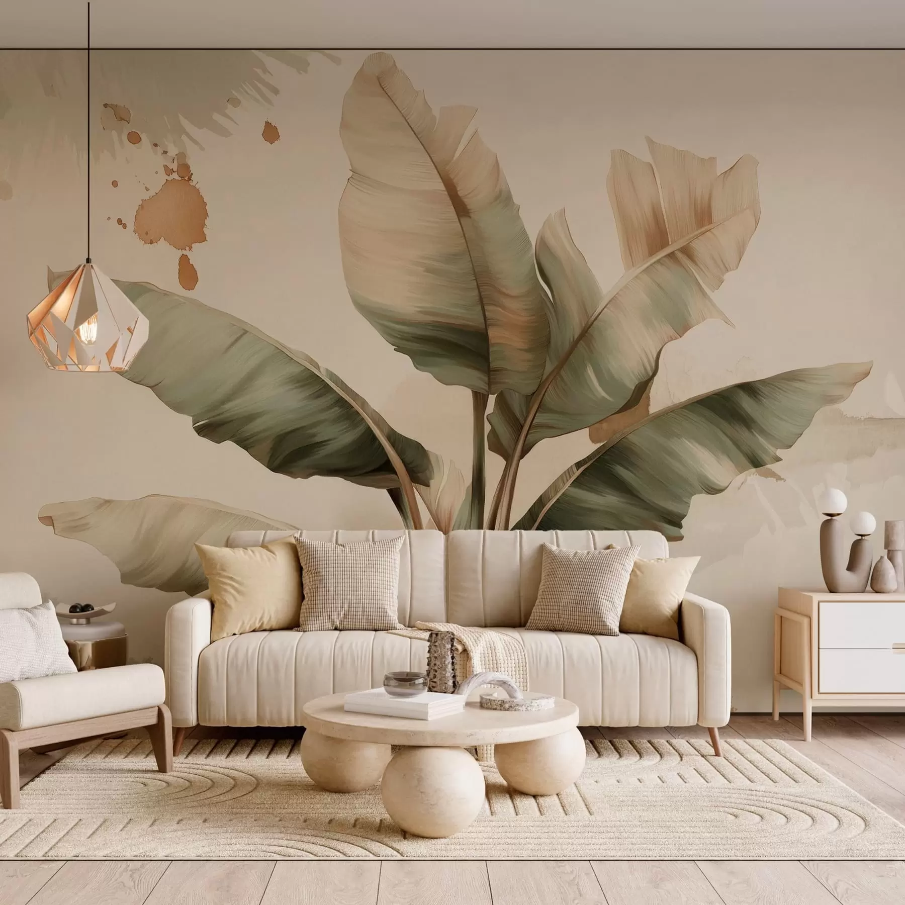 wall murals a large, picturesque cluster of banana leaves with retro-style splashes  w05384
