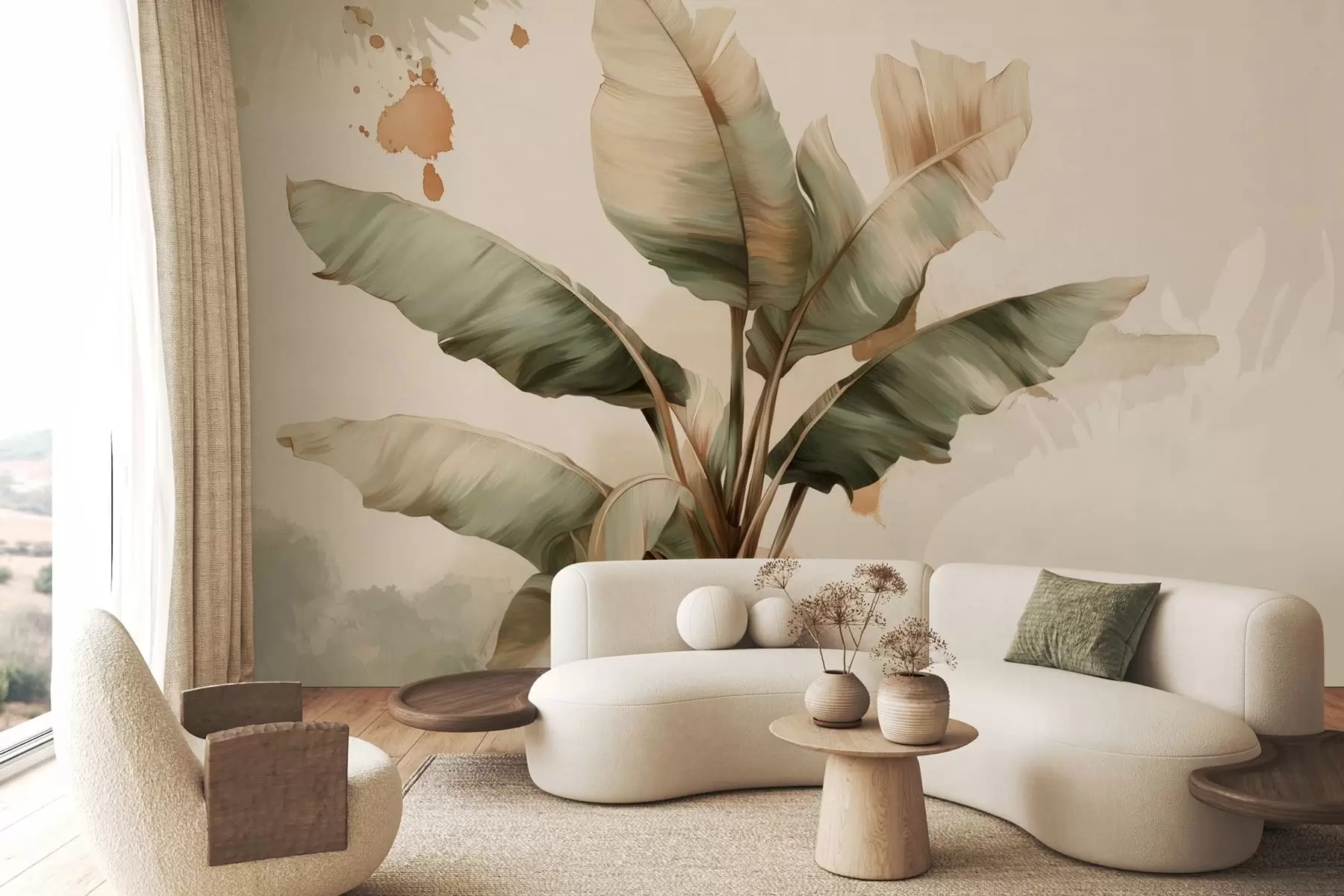 wall murals a large, picturesque cluster of banana leaves with retro-style splashes  w05384