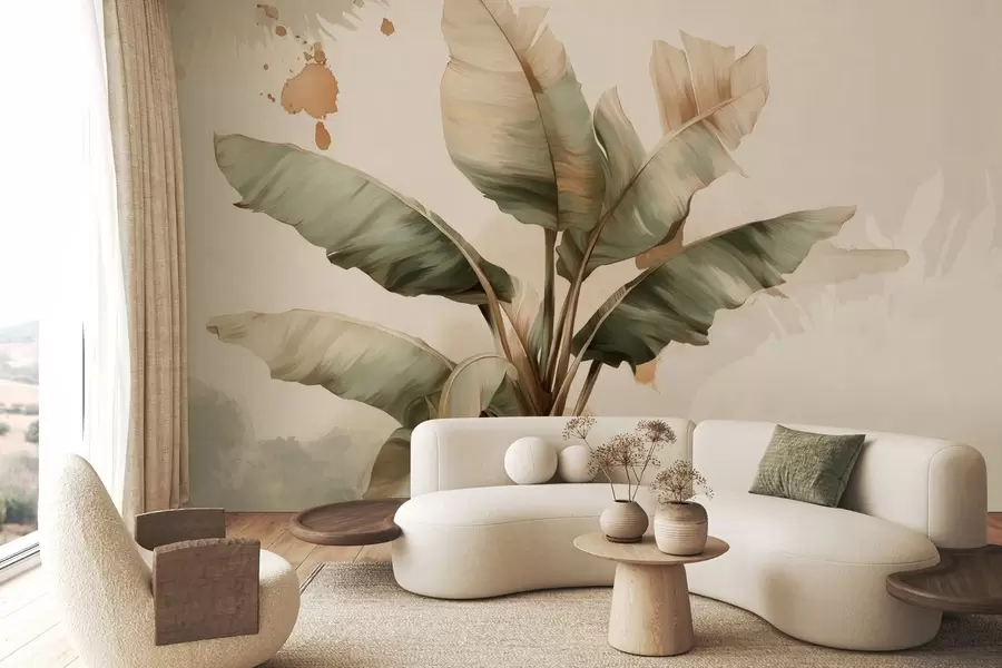 wall murals a large, picturesque cluster of banana leaves with retro-style splashes  w05384
