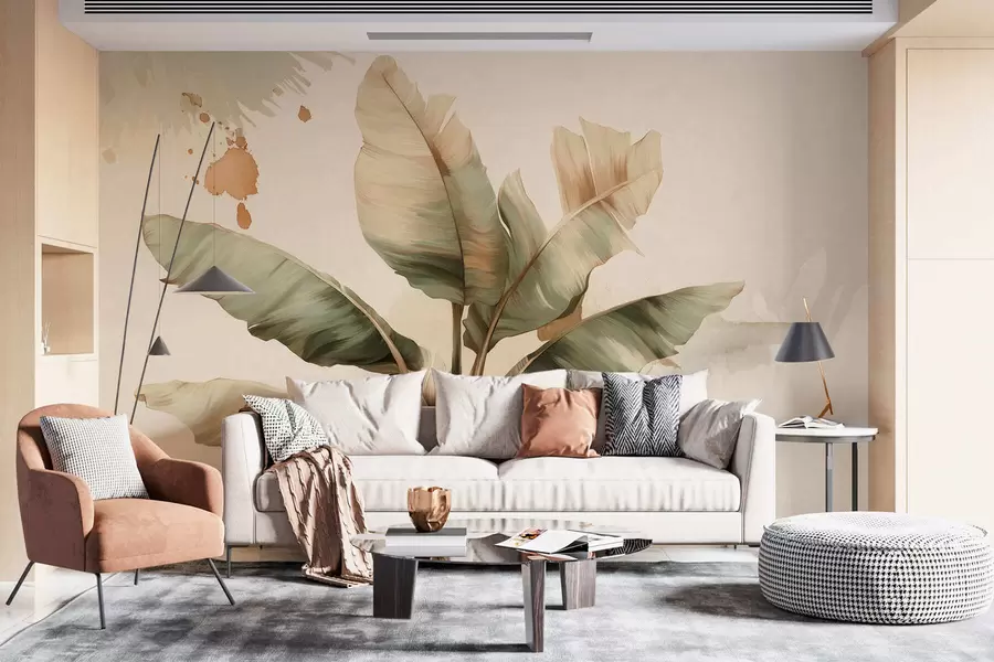 wall murals a large, picturesque cluster of banana leaves with retro-style splashes  w05384