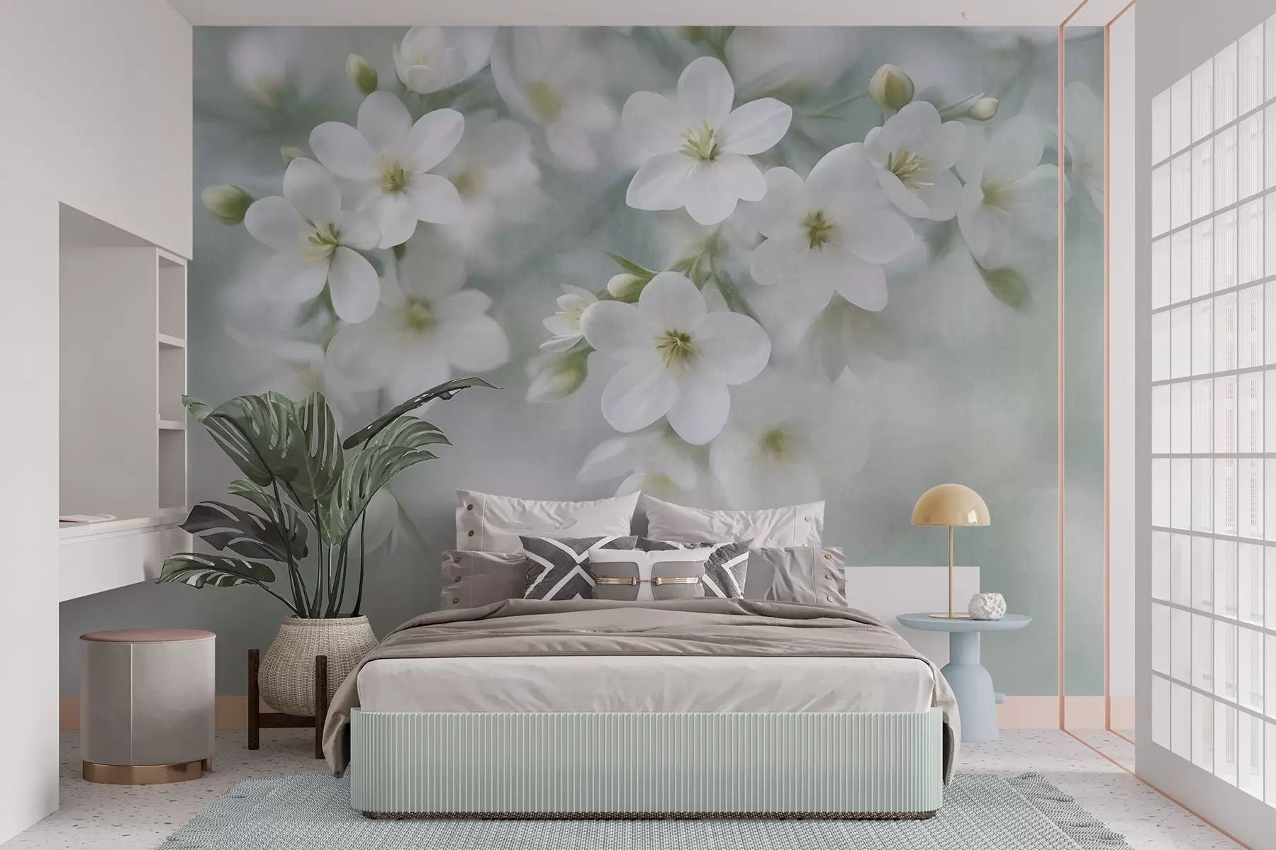 wall murals Delicate textured white flowers softly blurred in the background w09759