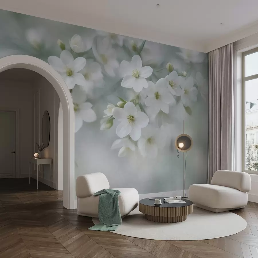 wall murals Delicate textured white flowers softly blurred in the background w09759