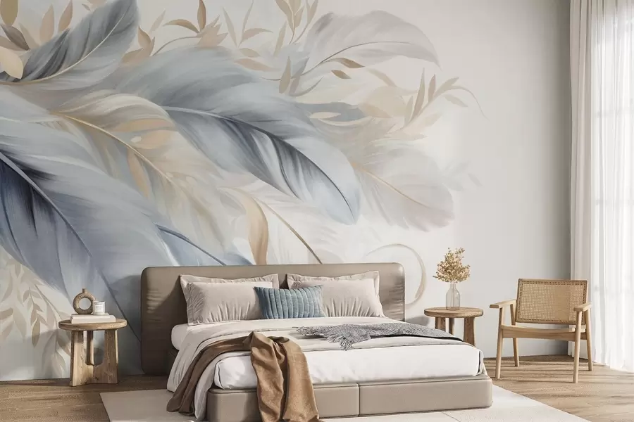 wall murals Textured pastel-colored feathers and delicate leaves against a light background w09763