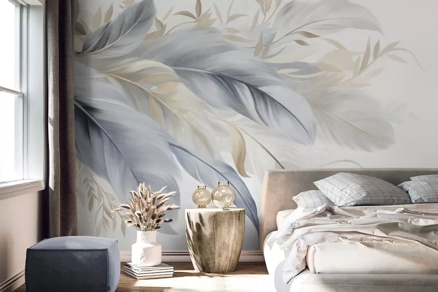 wall murals Textured pastel-colored feathers and delicate leaves against a light background w09763