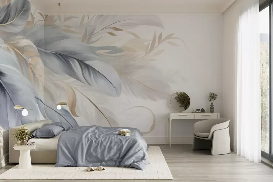 wall murals Textured pastel-colored feathers and delicate leaves against a light background w09763
