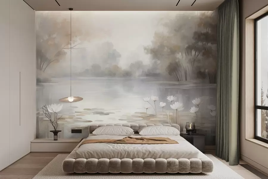 wall murals Textured landscape, lake with white water lilies, surrounded by trees in muted colors w09768