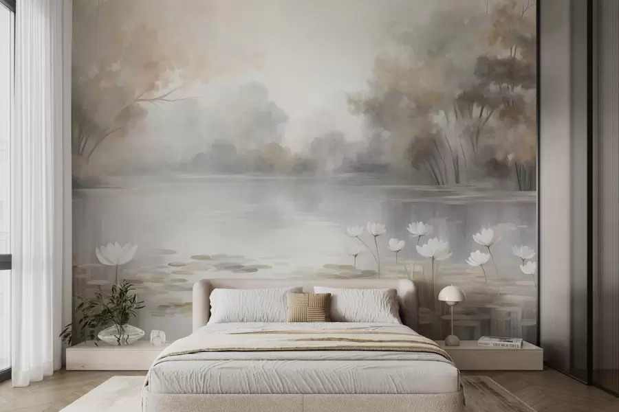 wall murals Textured landscape, lake with white water lilies, surrounded by trees in muted colors w09768