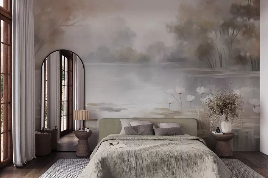 wall murals Textured landscape, lake with white water lilies, surrounded by trees in muted colors w09768