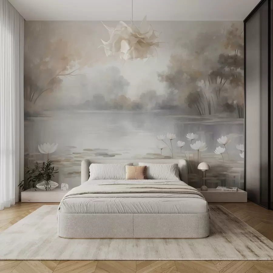 wall murals Textured landscape, lake with white water lilies, surrounded by trees in muted colors w09768