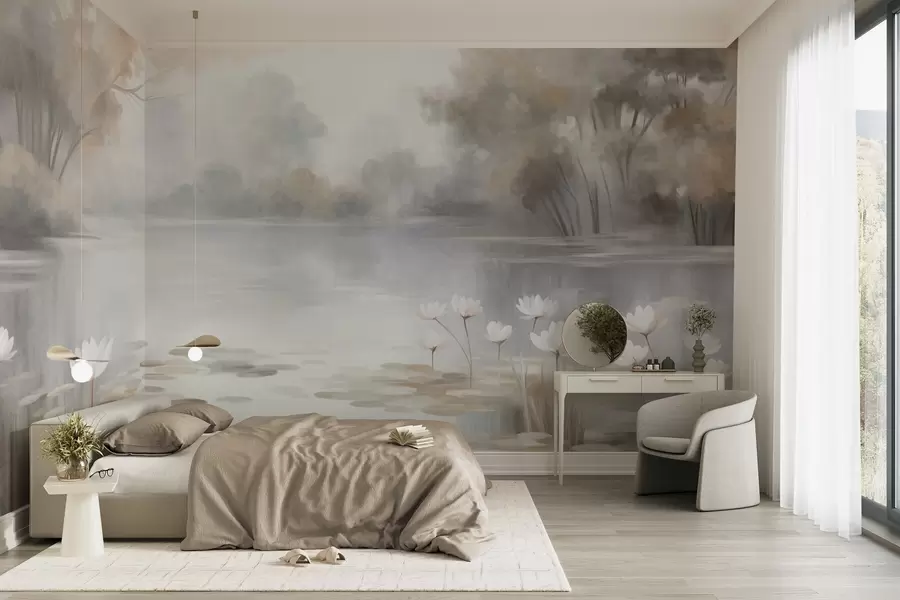 wall murals Textured landscape, lake with white water lilies, surrounded by trees in muted colors w09768