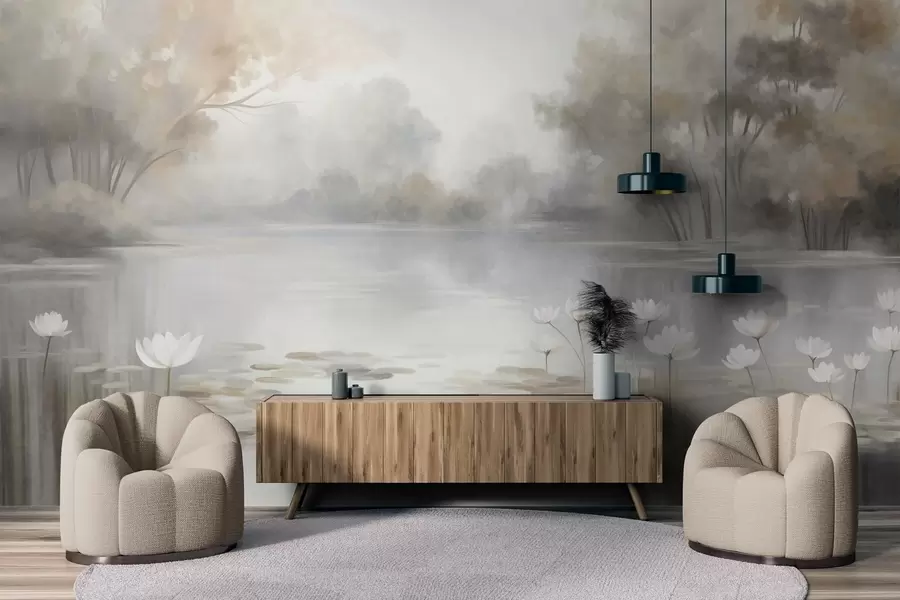 wall murals Textured landscape, lake with white water lilies, surrounded by trees in muted colors w09768