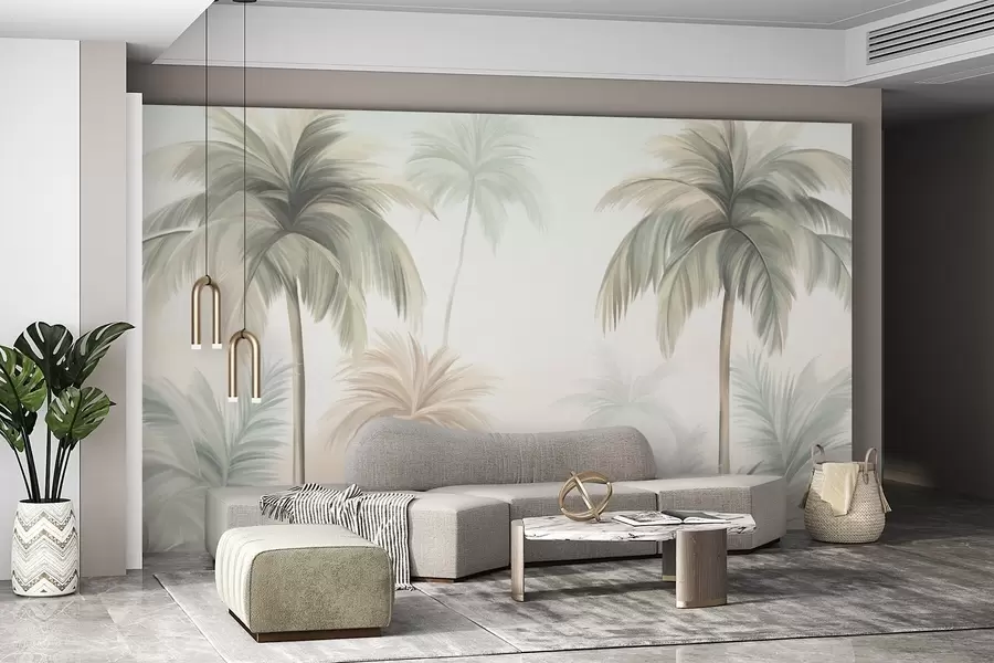wall murals Palm textured trees with muted green and beige fronds against a soft sky w09770