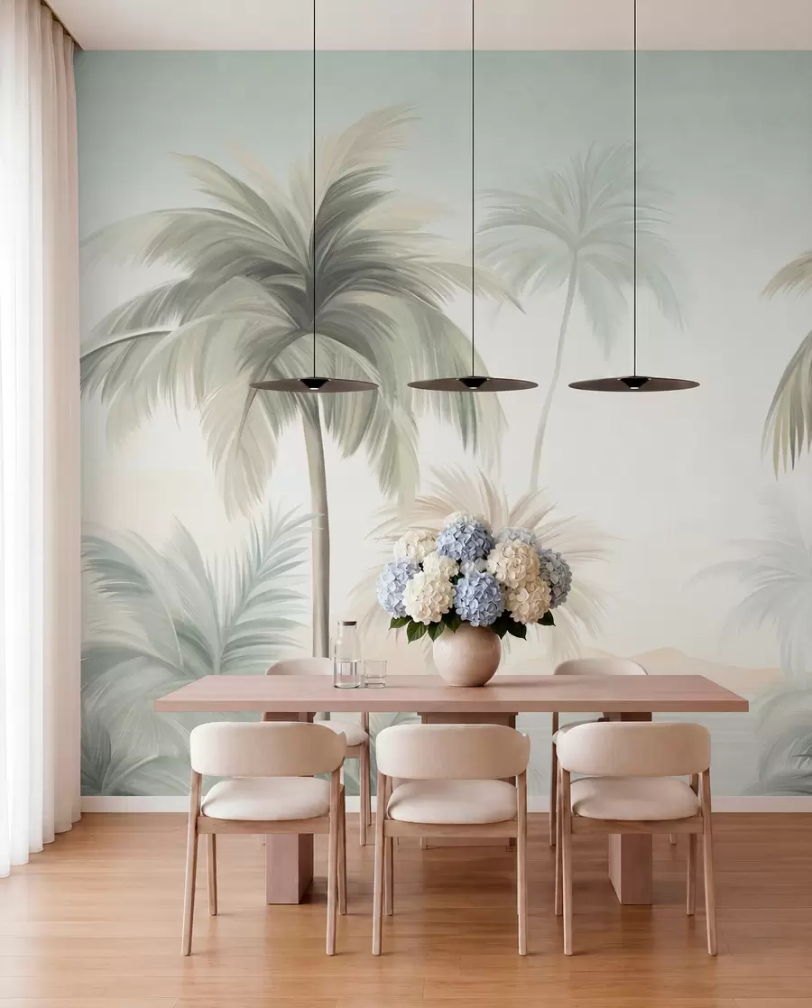 wall murals Palm textured trees with muted green and beige fronds against a soft sky w09770
