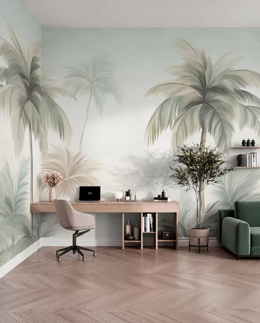 wall murals Palm textured trees with muted green and beige fronds against a soft sky w09770
