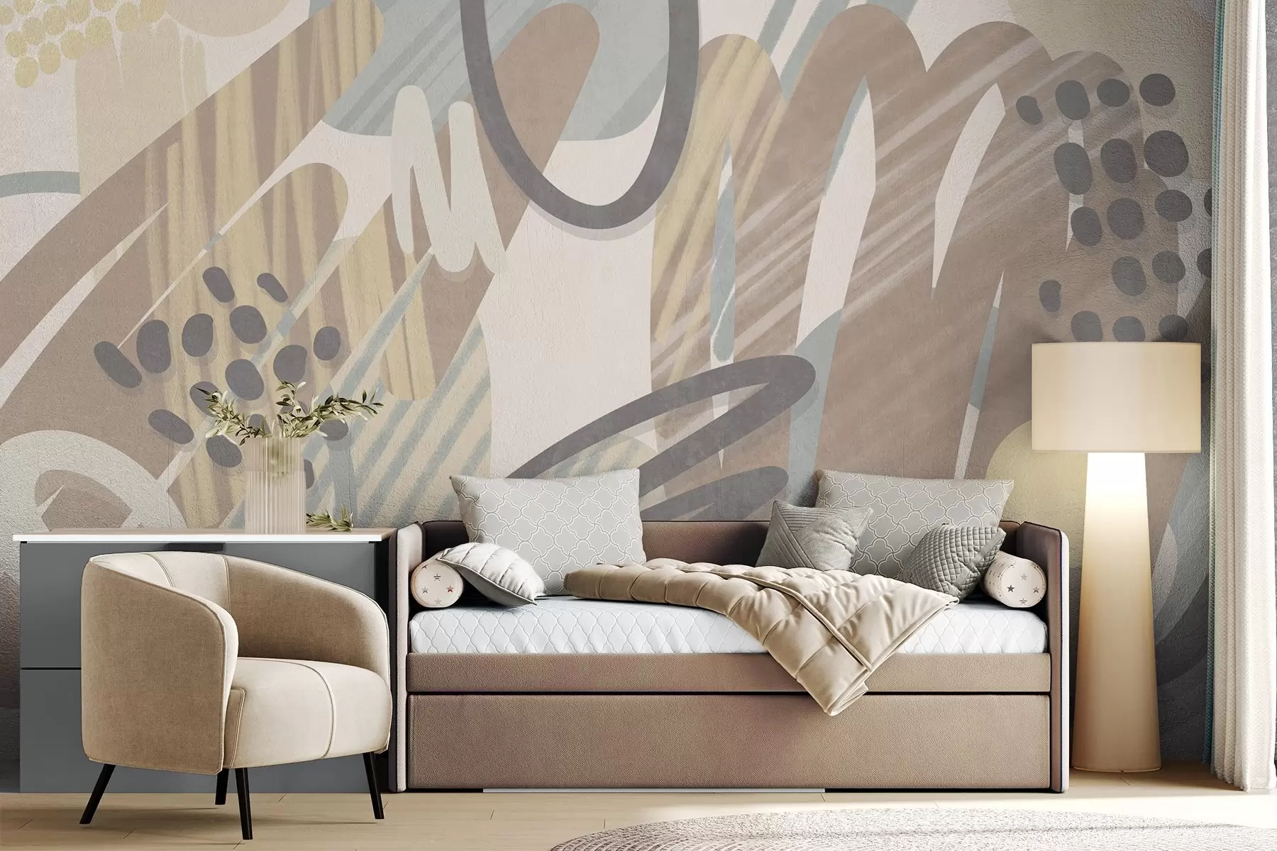 wall murals Abstract textured print with organic shapes, scribbles and dots in muted pastel colors w09774