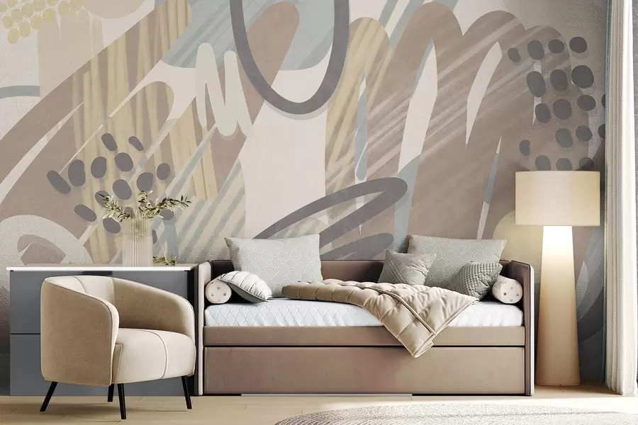 wall murals Abstract textured print with organic shapes, scribbles and dots in muted pastel colors w09774