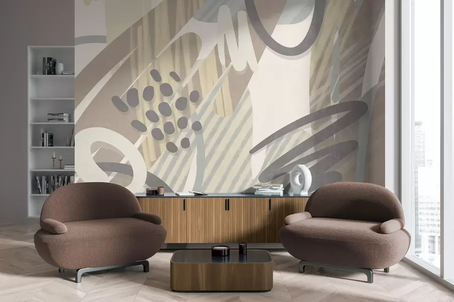 wall murals Abstract textured print with organic shapes, scribbles and dots in muted pastel colors w09774