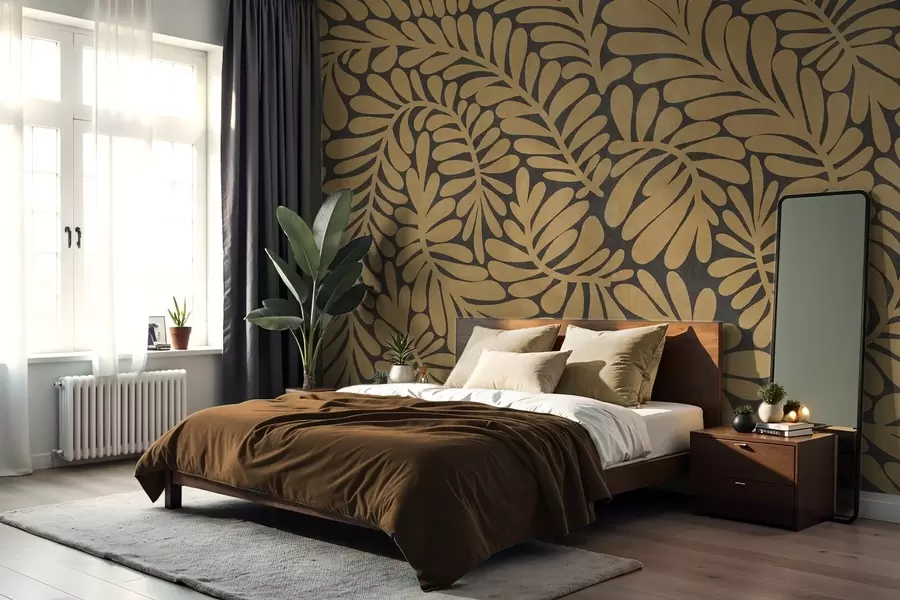 wall murals Stylized mustard yellow leaves against a dark gray background, textured art w09775