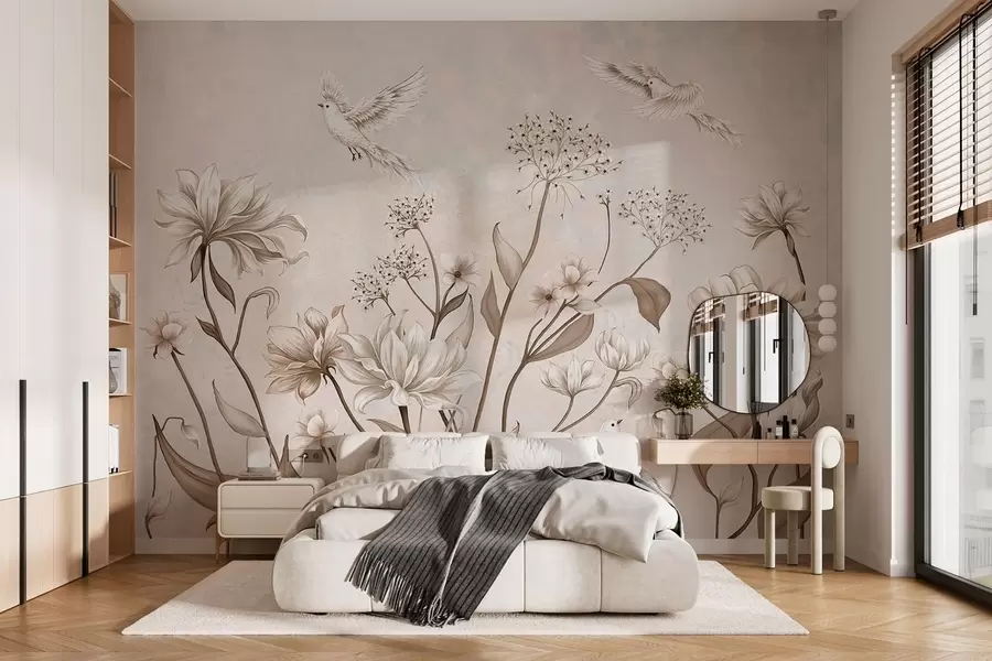 wall murals Light flowers and birds on soft background w05118