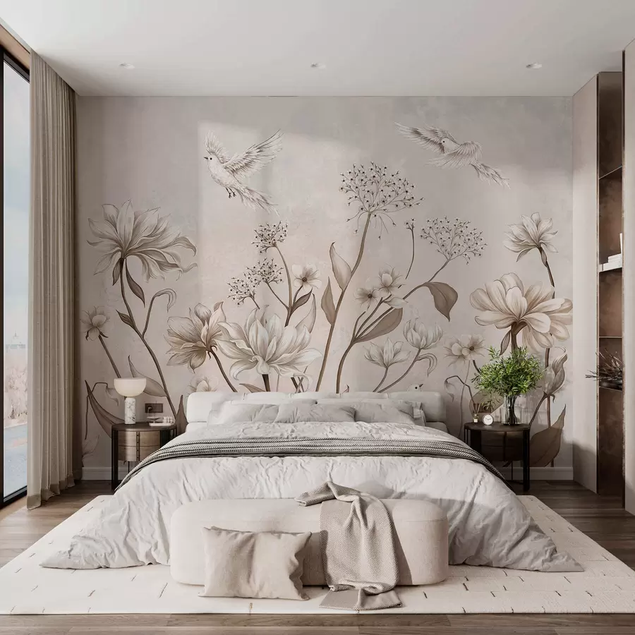 wall murals Light flowers and birds on soft background w05118