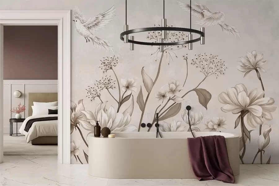 wall murals Light flowers and birds on soft background w05118