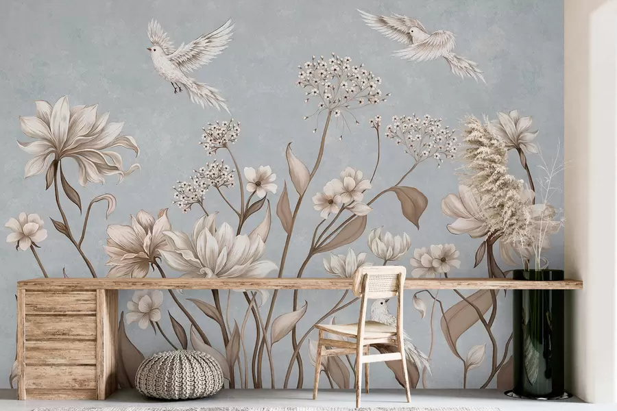 wall murals Flowers and birds on cool gray-blue background w05118v2