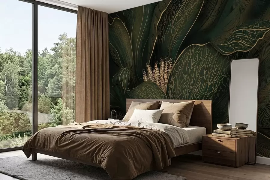 wall murals Dark green abstract flower with fine line details w05119v1