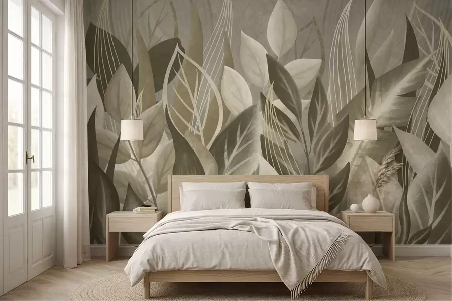 wall murals Abstract leaves in beige and green tones w05148
