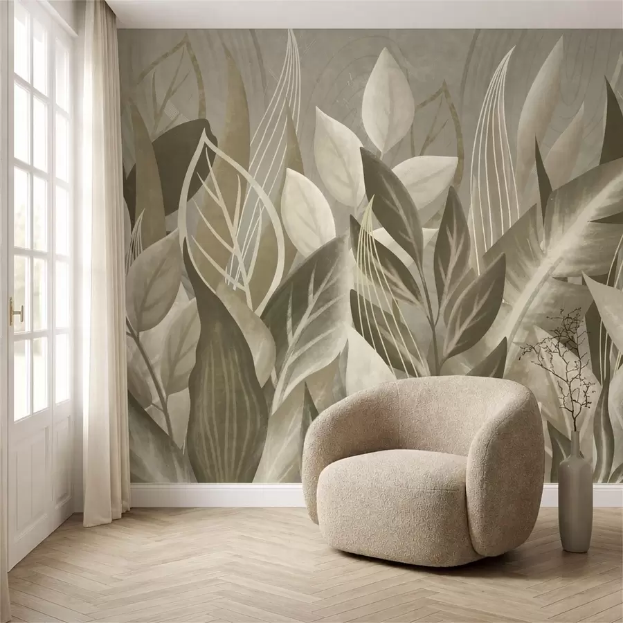 wall murals Abstract leaves in beige and green tones w05148