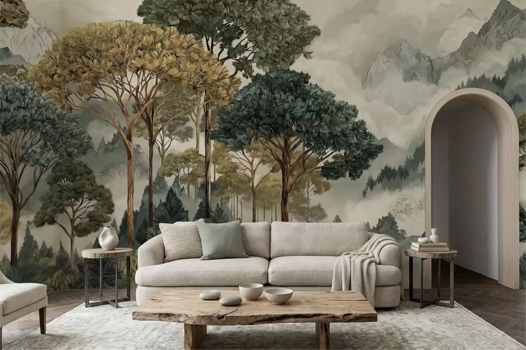 wall murals Forest with tall trees in misty mountains w05410