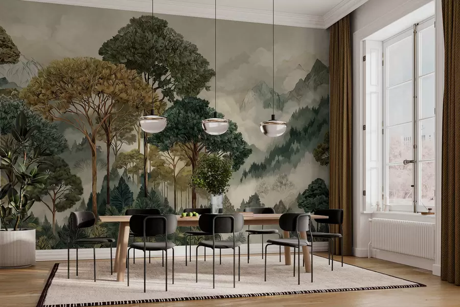 wall murals Forest with tall trees in misty mountains w05410