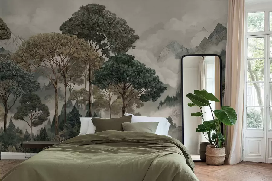 wall murals Mountain landscape with forest in soft tones w05410v1