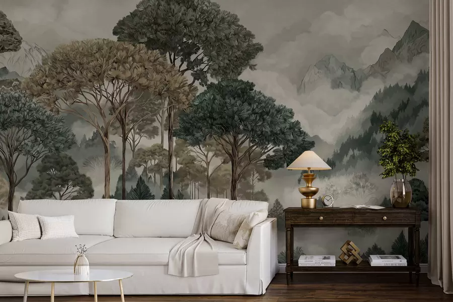 wall murals Mountain landscape with forest in soft tones w05410v1