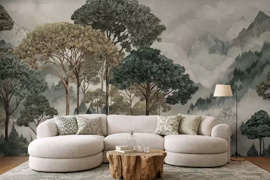 wall murals Mountain landscape with forest in soft tones w05410v1