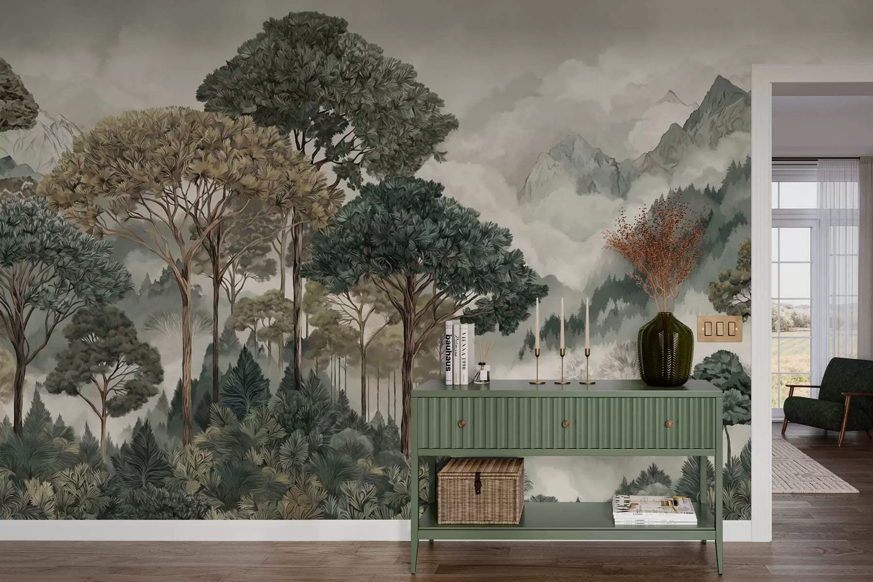wall murals Mountain landscape with forest in soft tones w05410v1