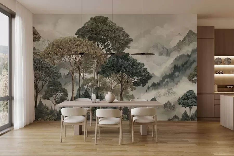 wall murals Mountain landscape with forest in soft tones w05410v1
