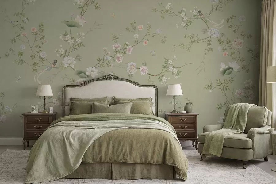 wall murals Flowering branches with birds on light green w05416