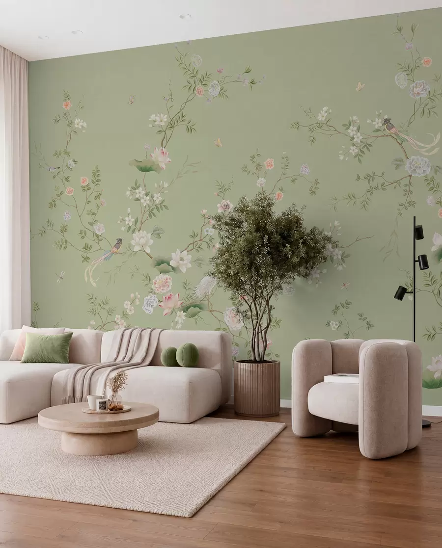 wall murals Flowering branches with birds on light green w05416