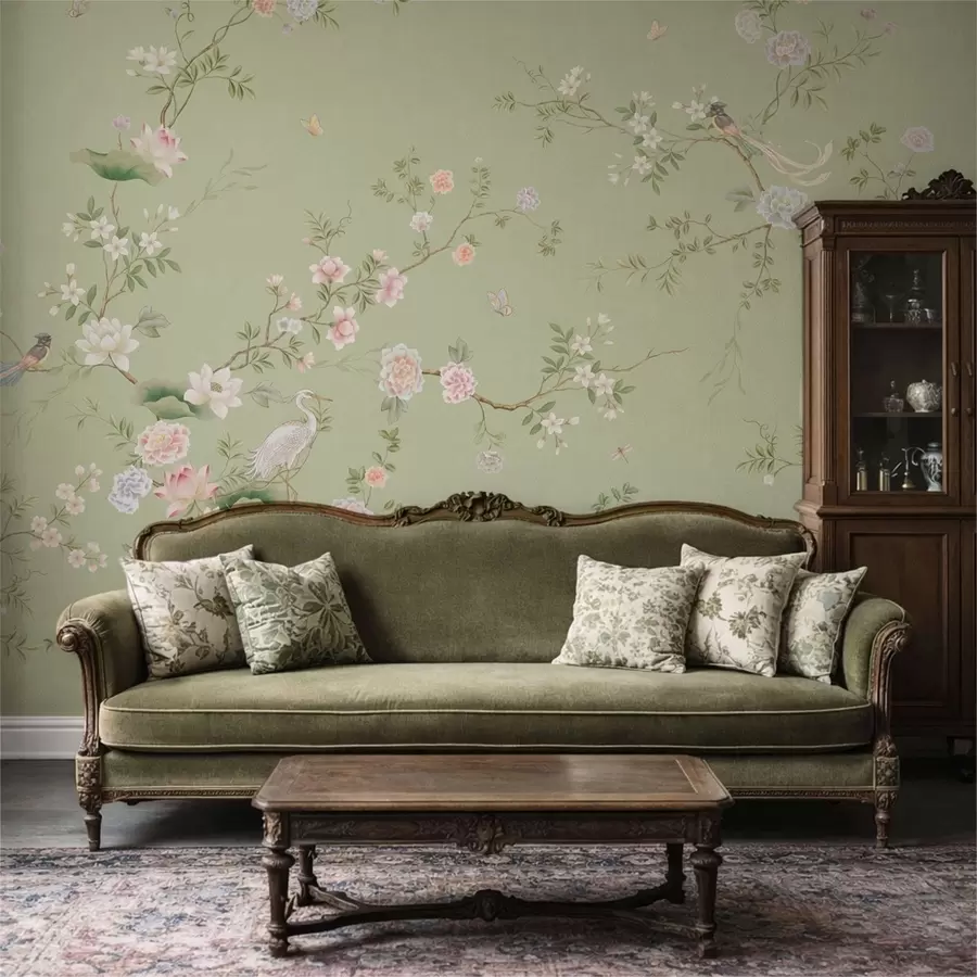 wall murals Flowering branches with birds on light green w05416