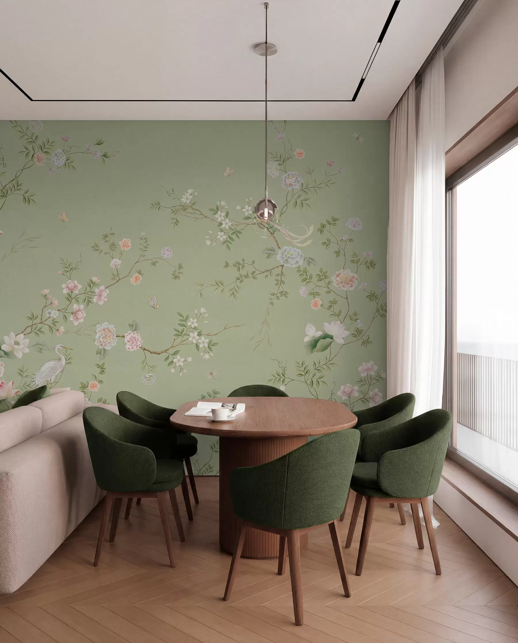 wall murals Flowering branches with birds on light green w05416