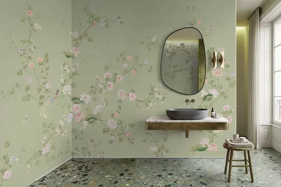 wall murals Flowering branches with birds on light green w05416