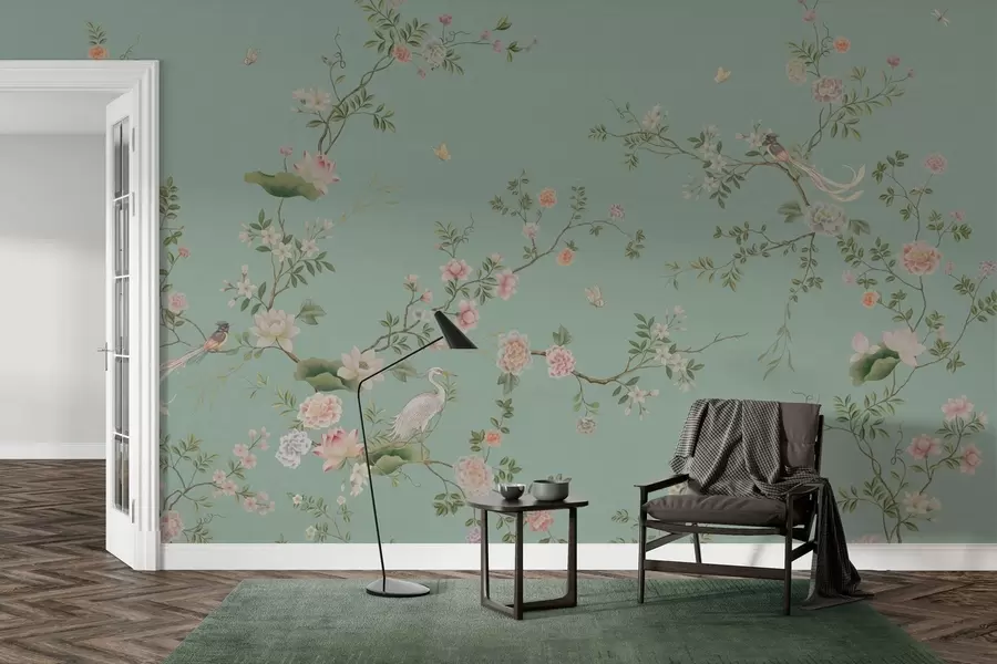 wall murals Flowering branches with birds on blue background w05416v1