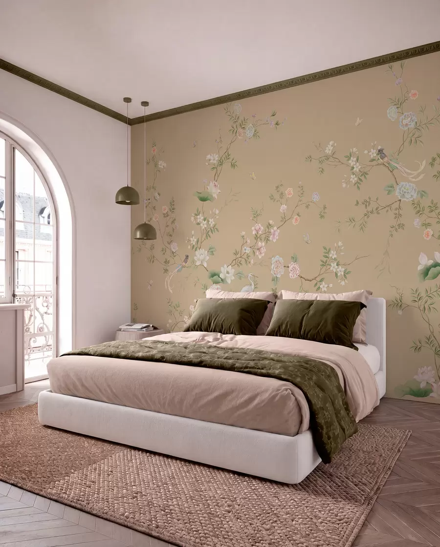 wall murals Flowering branches with birds on warm beige w05416v2
