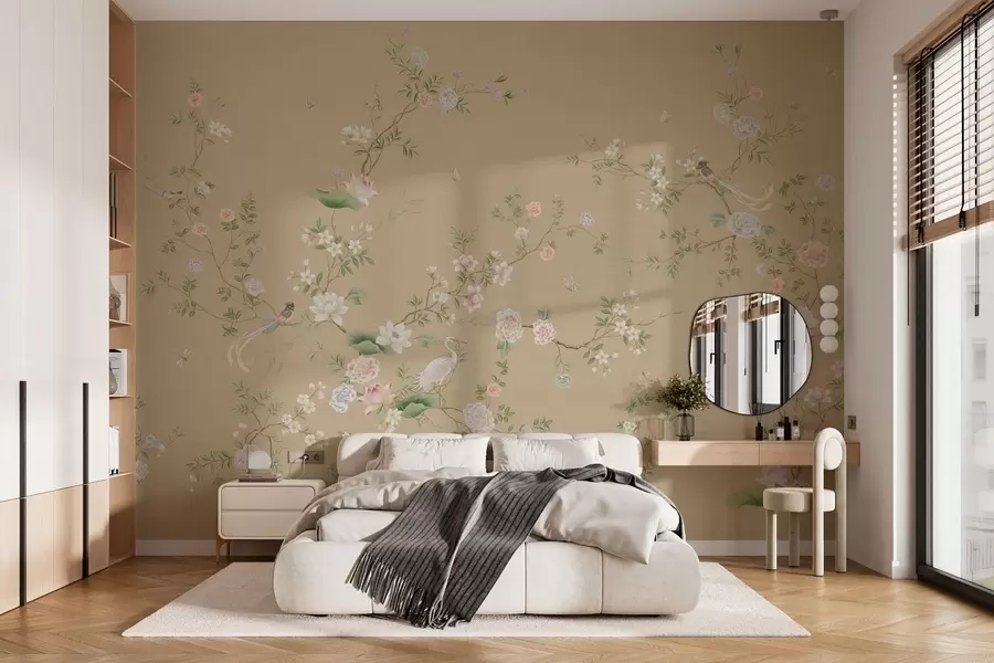 wall murals Flowering branches with birds on warm beige w05416v2