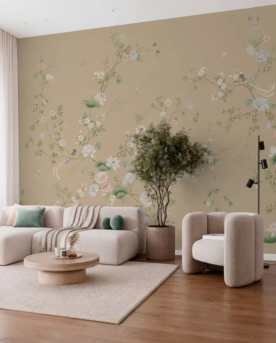 wall murals Flowering branches with birds on warm beige w05416v2
