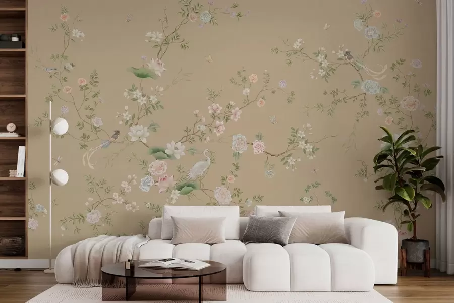 wall murals Flowering branches with birds on warm beige w05416v2